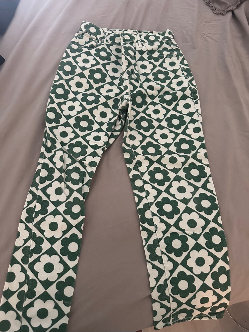 PacSun High Rise Wide Leg Floral Tile Print Jeans in Green and White